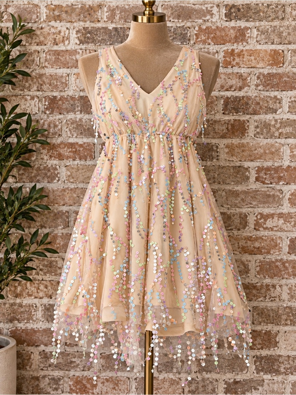 Sparkling Sequin A-Line V-Neck Dress in Nude